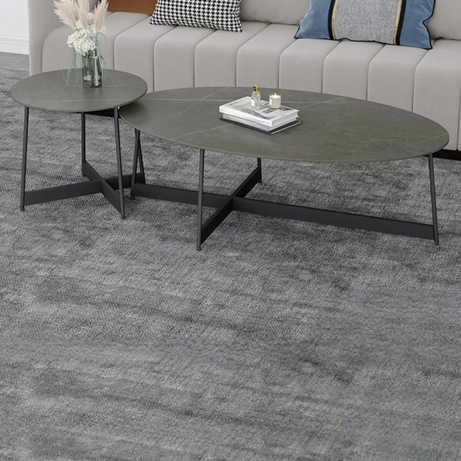 Black Oval Stone Coffee Table with Steel Cross Legs