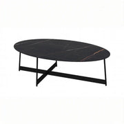 Black Oval Stone Coffee Table with Steel Cross Legs