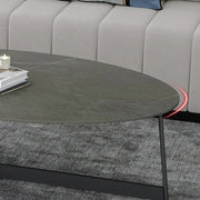 Black Oval Stone Coffee Table with Steel Cross Legs