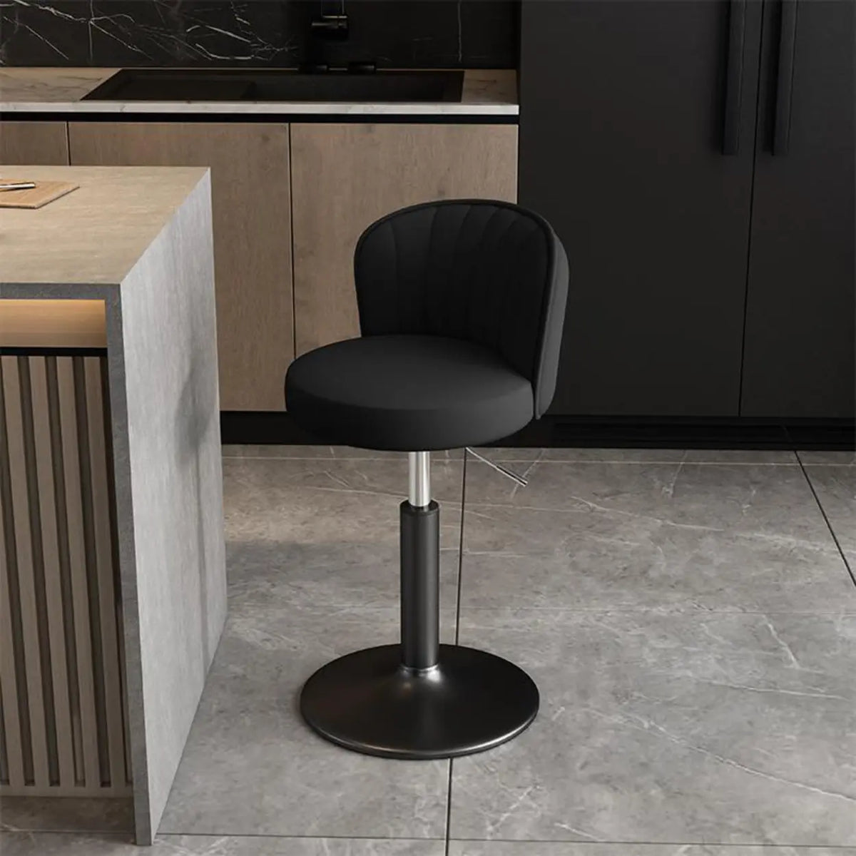 Black Round Leather Bar Stool with Adjustable Metal Frame