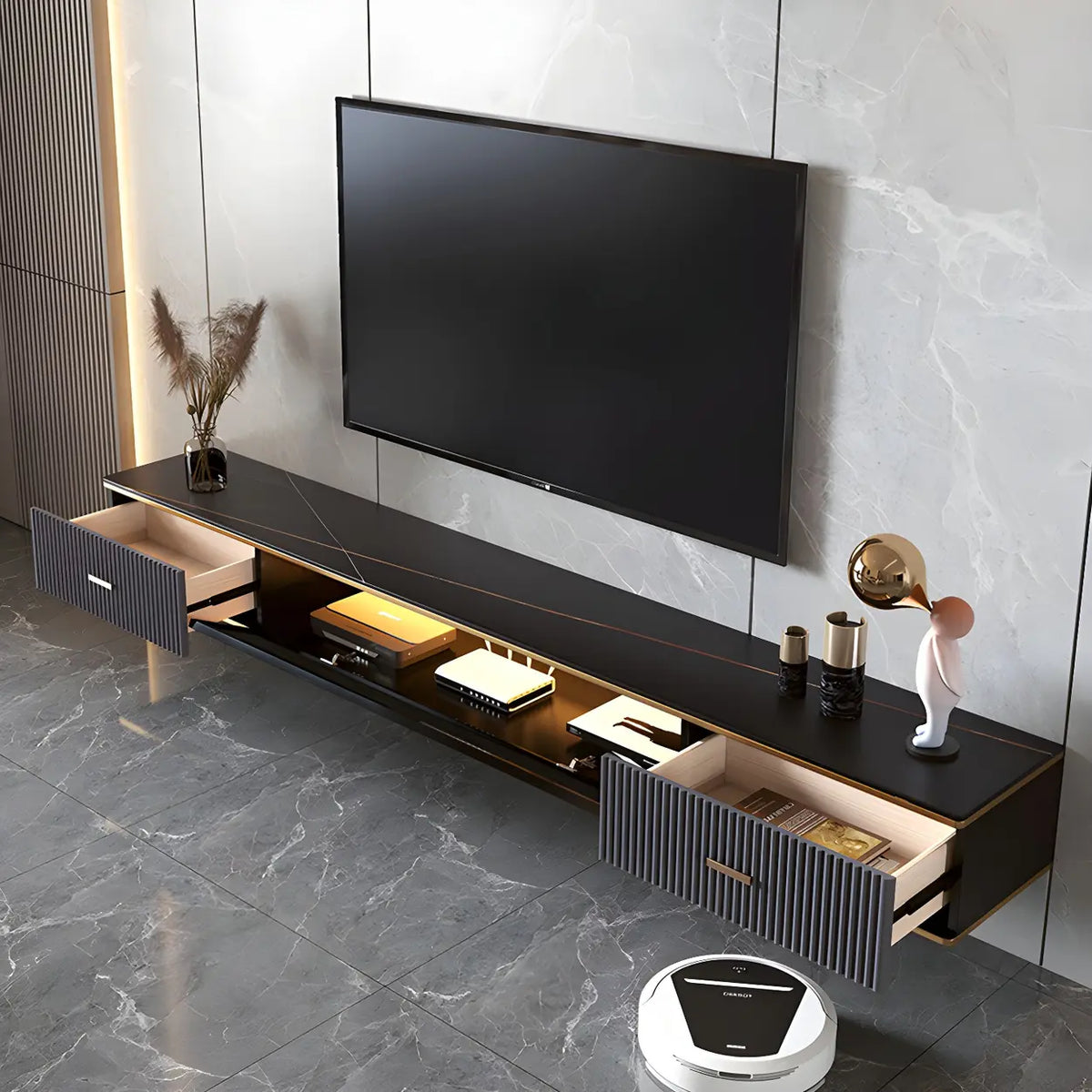 Black Stone Floating Mount Drawers Shelves TV Stand