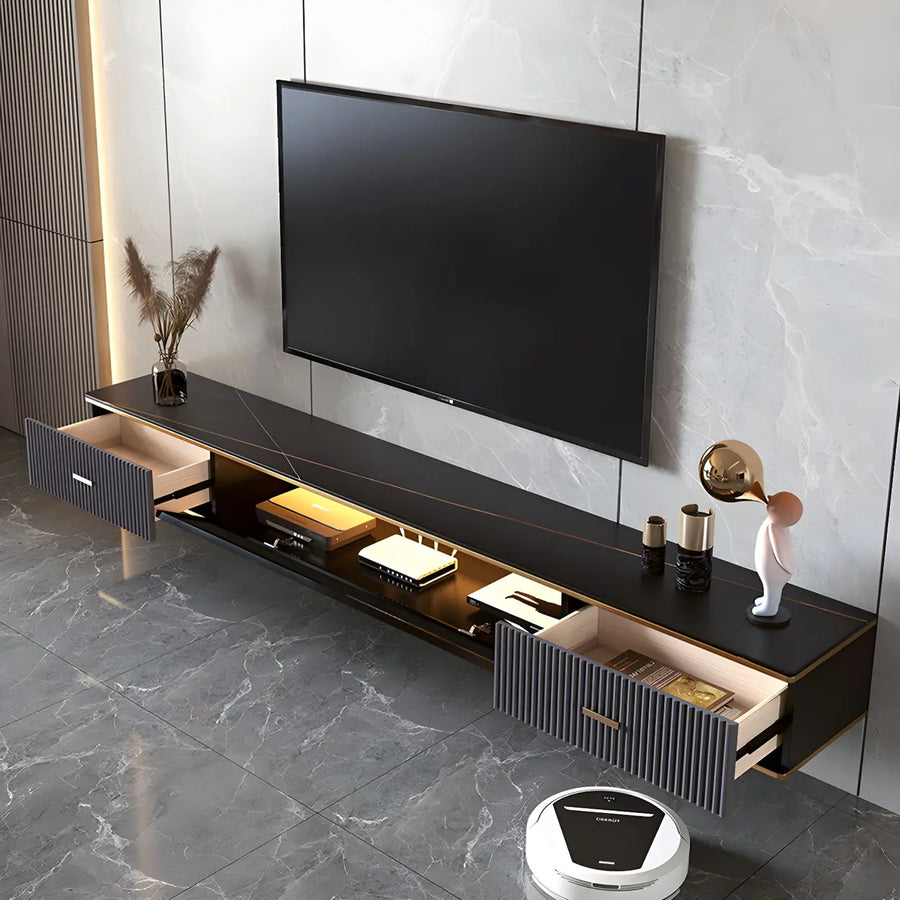 Black Stone Floating Mount Drawers Shelves TV Stand