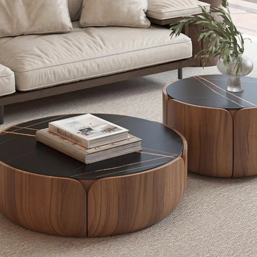 Black Stone Round Brown Wood Base Storage Coffee Table