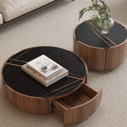 Black Stone Round Brown Wood Base Storage Coffee Table