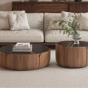 Black Stone Round Brown Wood Base Storage Coffee Table