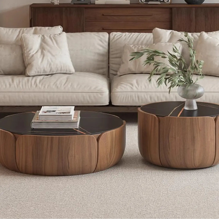 Black Stone Round Brown Wood Base Storage Coffee Table