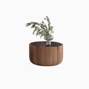Black Stone Round Brown Wood Base Storage Coffee Table