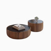 Black Stone Round Brown Wood Base Storage Coffee Table