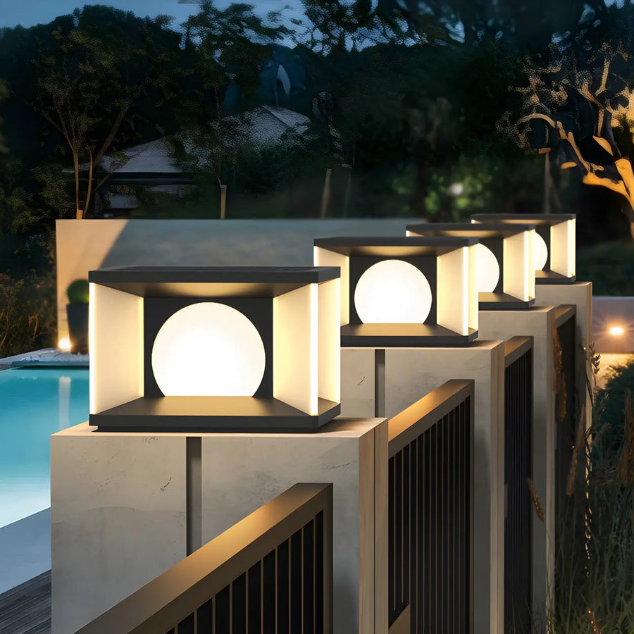 Black Unique Cubic Metal Outdoor Solar Table Pillar Light