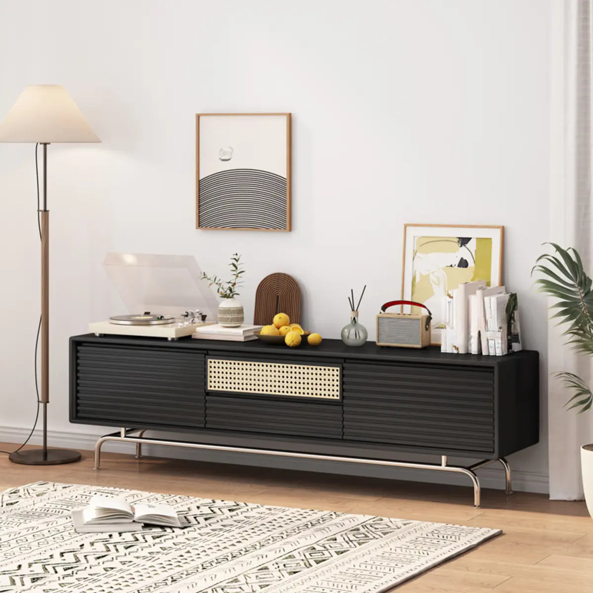Black Wood Cabinet TV Stand with Stainless Steel Leg