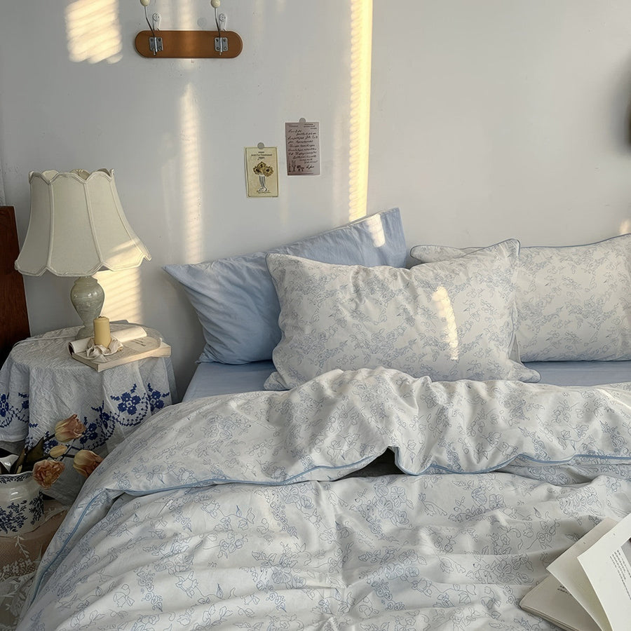 Blue Floral Line Art Bedding Duvet Cover Set