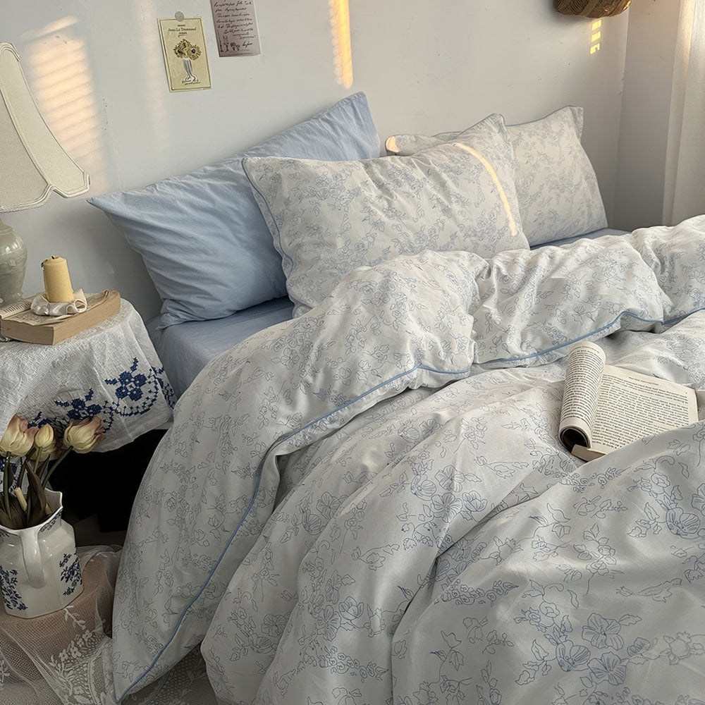 Blue Floral Line Art Bedding Duvet Cover Set