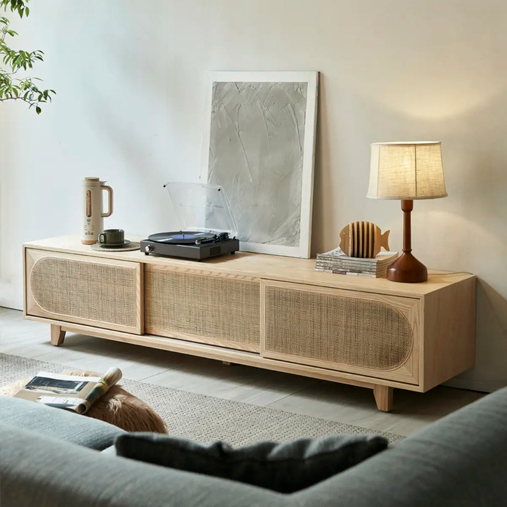 Bohemian Natural Finish Wood TV Stand with Cabinet