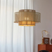Bohemian Rustic Tiered Rattan Drum Dining Room Chandelier