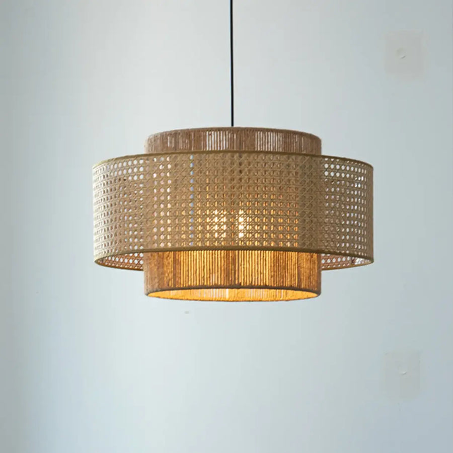 Bohemian Rustic Tiered Rattan Drum Dining Room Chandelier