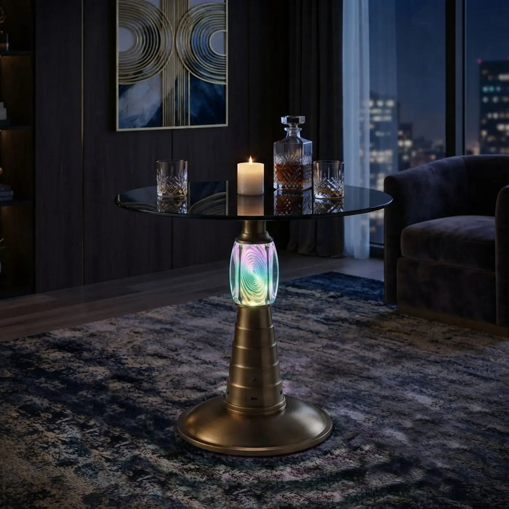 Brass Glass Round Side Table with LED Bluetooth Speaker