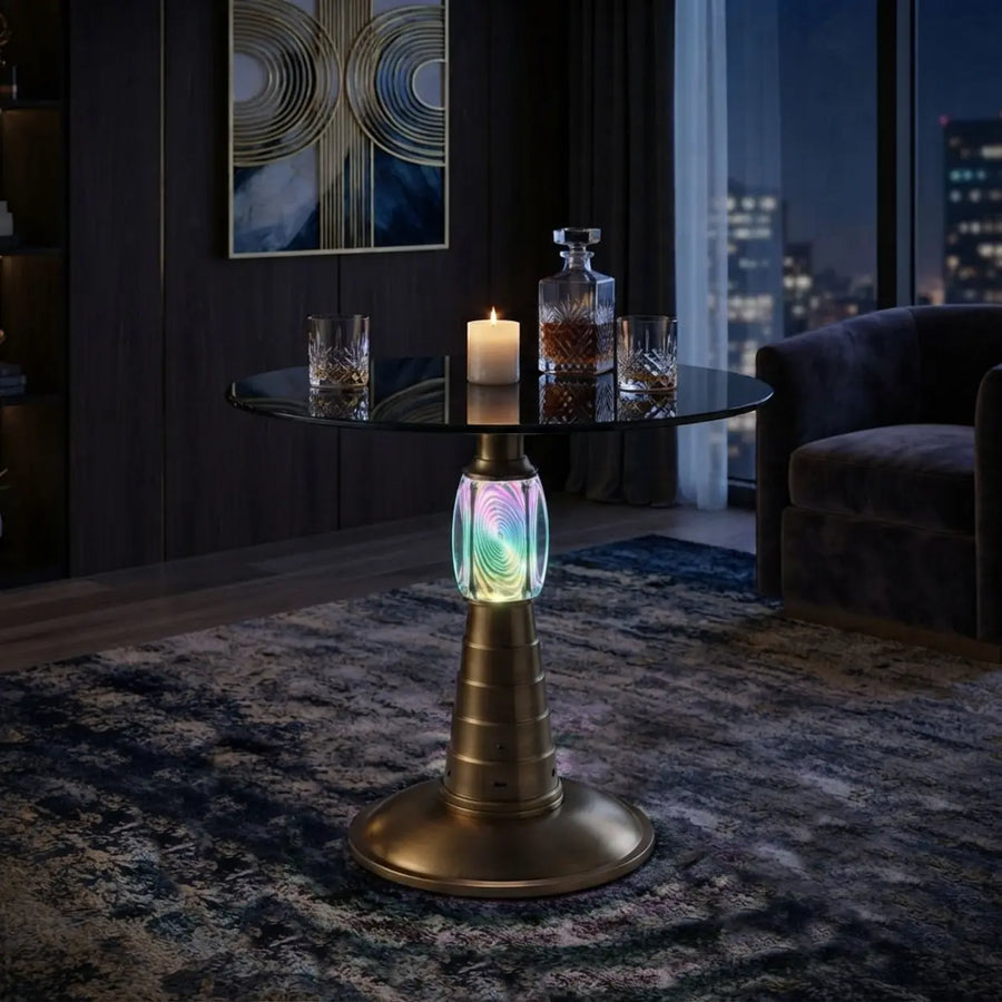 Brass Glass Round Side Table with LED Bluetooth Speaker