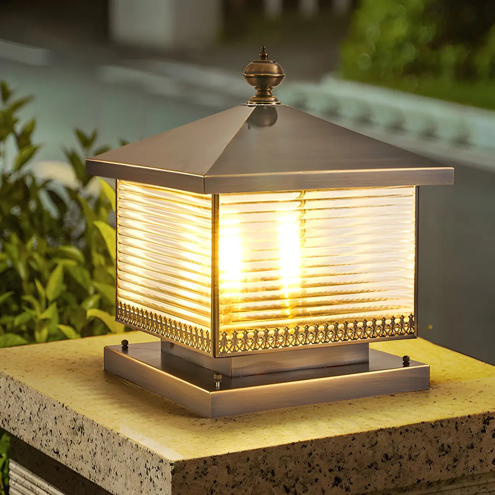 Bronze Finish Vintage Square Glass Patio Solar Pillar Light