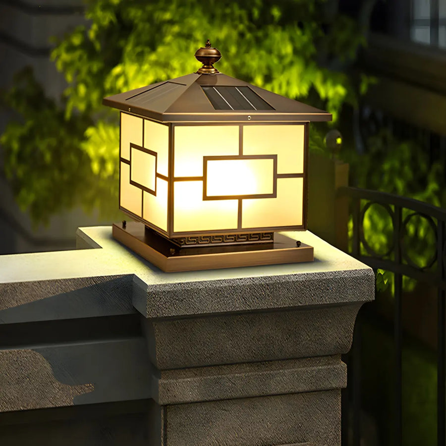 Bronze Finish Vintage Square Glass Patio Solar Pillar Light