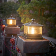 Bronze Finish Vintage Square Glass Patio Solar Pillar Light