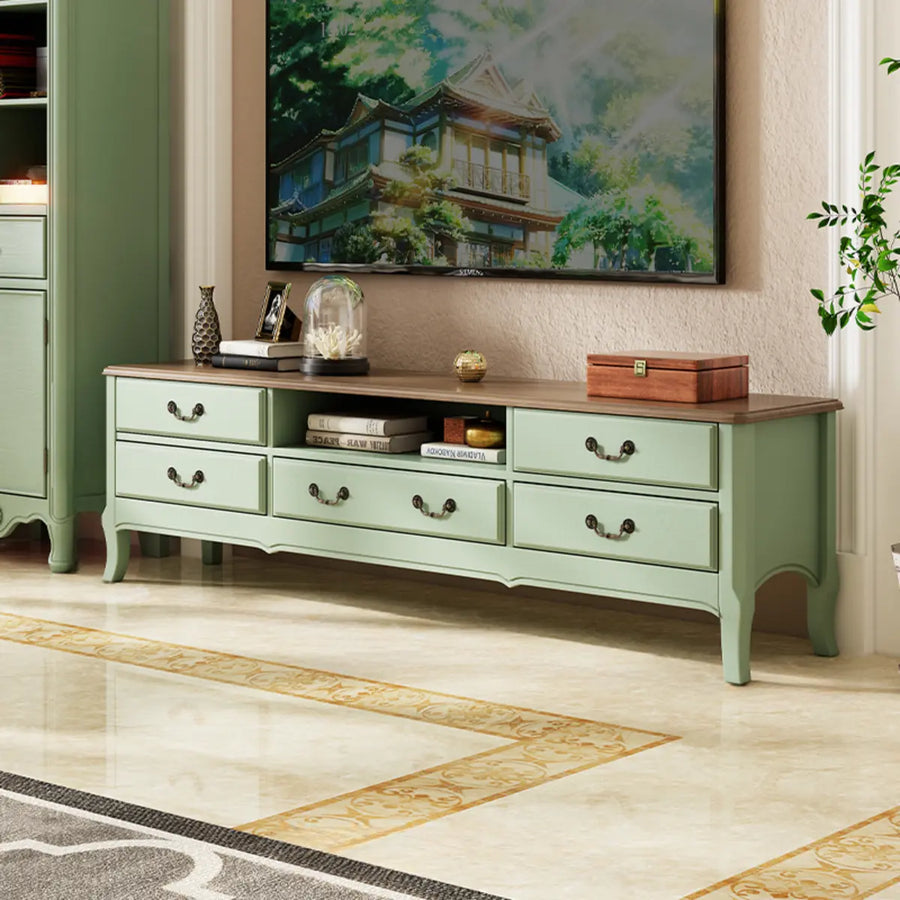 Brown-Green Wood Open Storage Drawers Long TV Stand