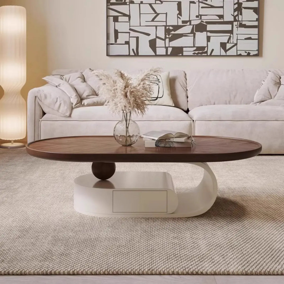 Brown Oval Wood Tray Top Abstract Base Coffee Table