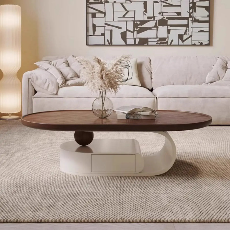 Brown Oval Wood Tray Top Abstract Base Coffee Table