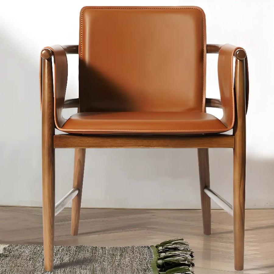Brown Square Faux Leather Armchair Wooden Dining Chair