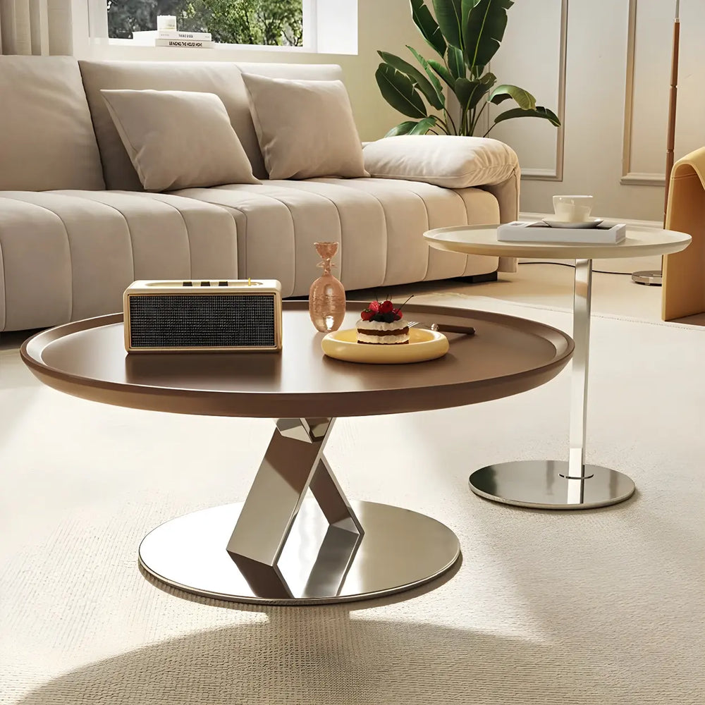 Brown Tray Top Stainless Steel Base Round Coffee Table