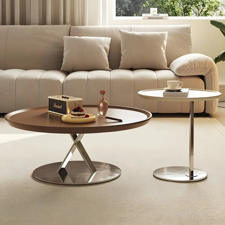 Brown Tray Top Stainless Steel Base Round Coffee Table