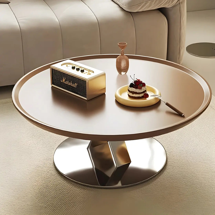 Brown Tray Top Stainless Steel Base Round Coffee Table