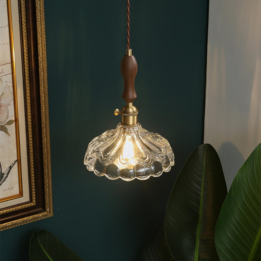 Brown Vintage Brass and Glass Petal Pendant Light