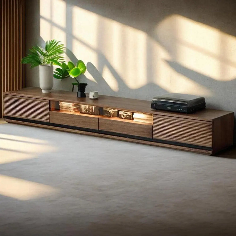 Brown Walnut Wood Drawers Rectangle 2 Tiers TV Stand