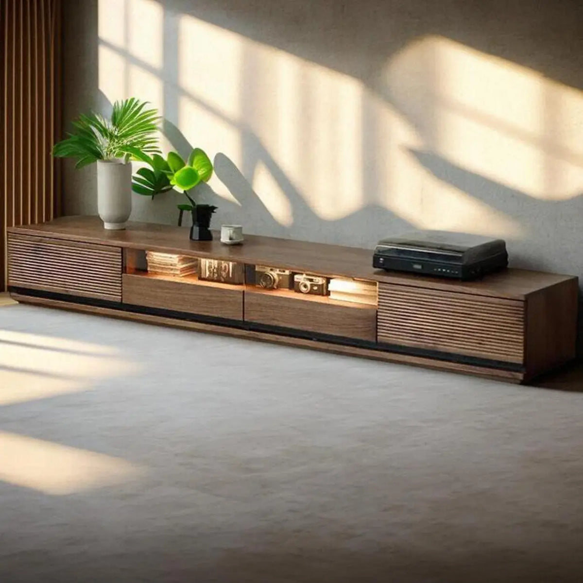 Brown Walnut Wood Drawers Rectangle 2 Tiers TV Stand