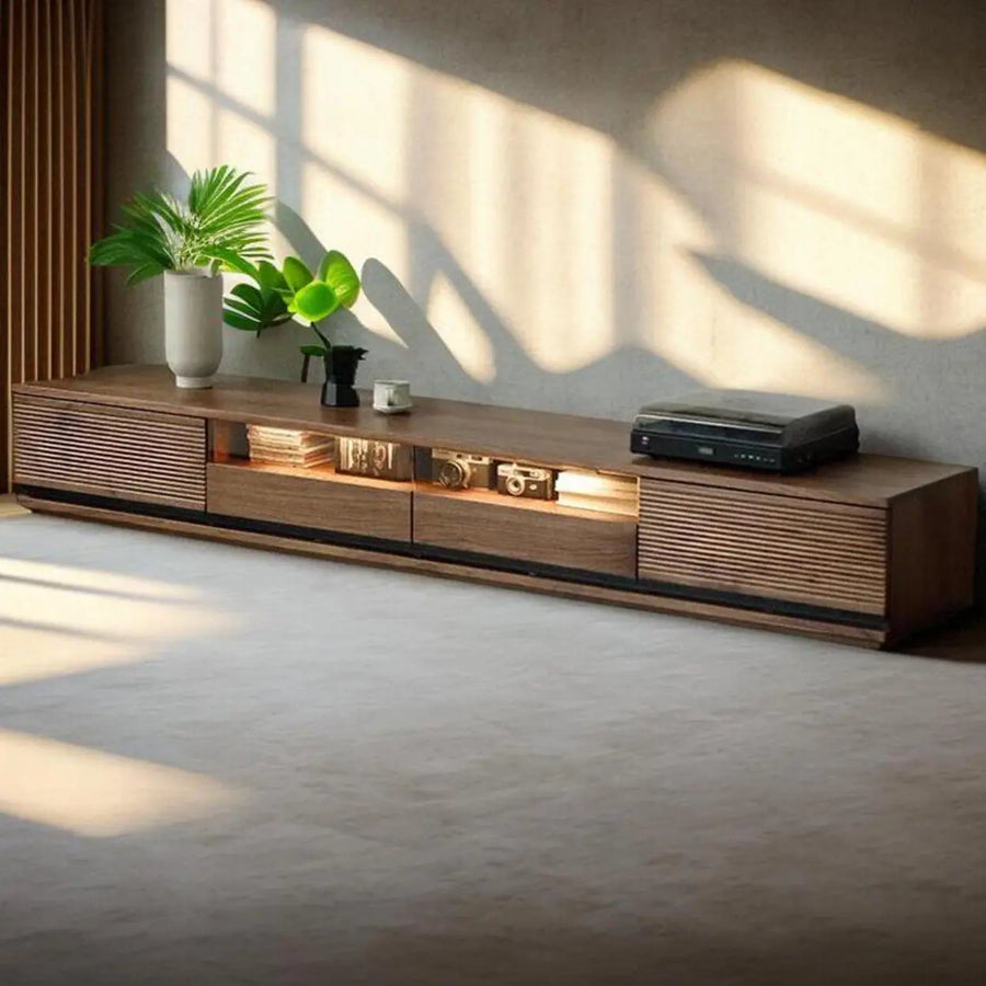 Brown Walnut Wood Drawers Rectangle 2 Tiers TV Stand