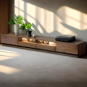 Brown Walnut Wood Drawers Rectangle 2 Tiers TV Stand