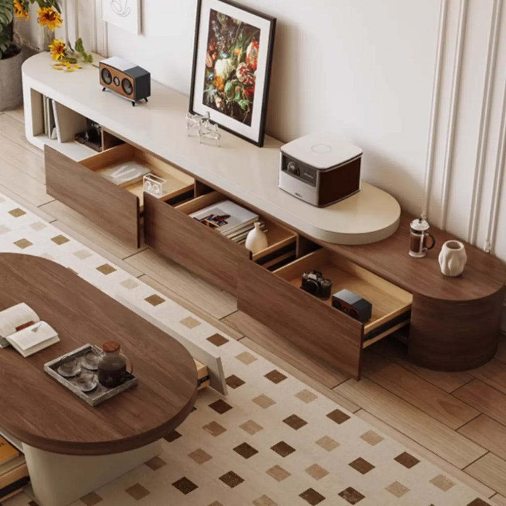 Brown Wood Open Storage Long TV Stand with Drawers