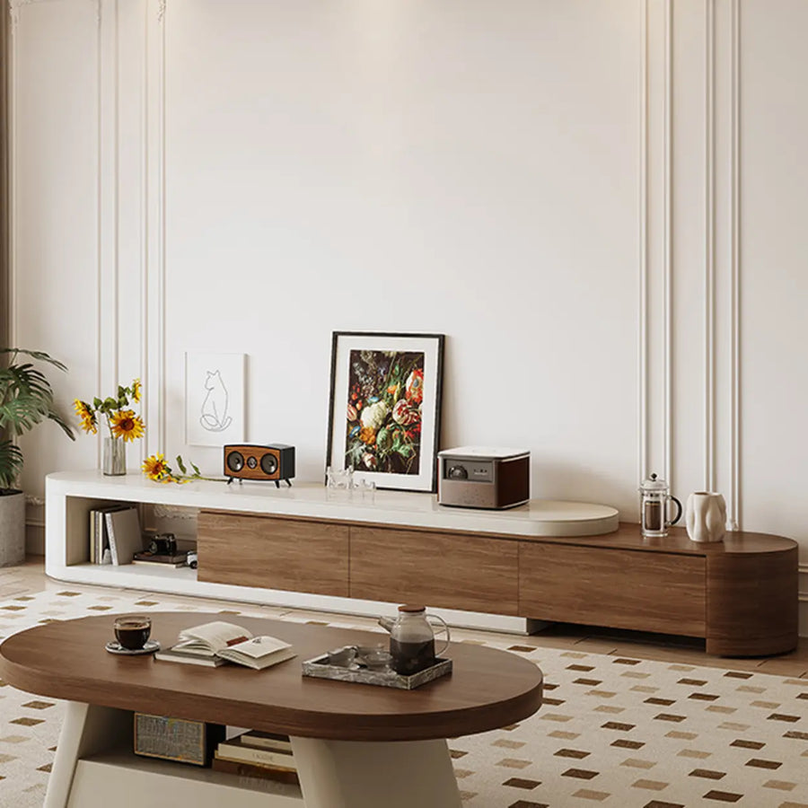 Brown Wood Open Storage Long TV Stand with Drawers