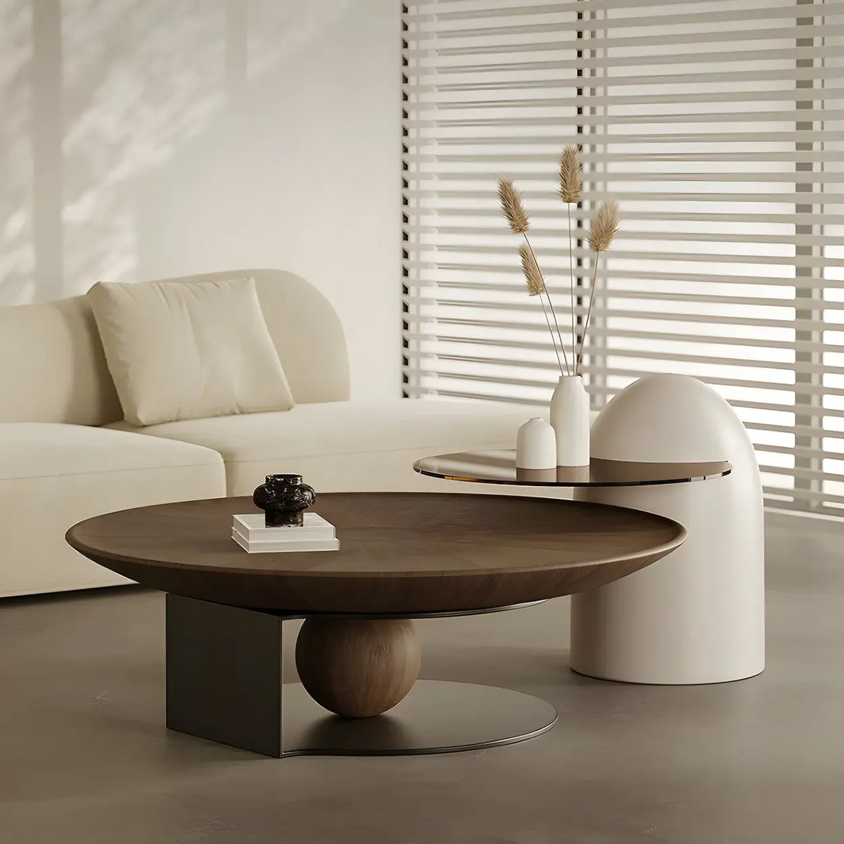 Brown Wooden Tray Top Steel Base Round Coffee Table