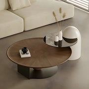 Brown Wooden Tray Top Steel Base Round Coffee Table