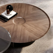 Brown Wooden Tray Top Steel Base Round Coffee Table