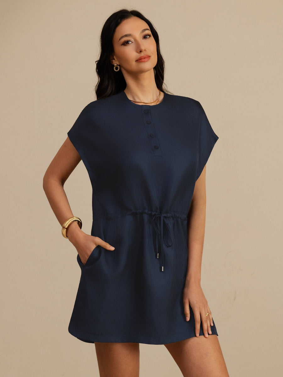 Clearance - 100% Mulberry Silk Henley Neck Cap Sleeve Short Dress With Drawstring