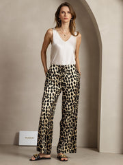 19Momme Silk Leopard Print Wide Leg Women's Pants With Side Pockets Design