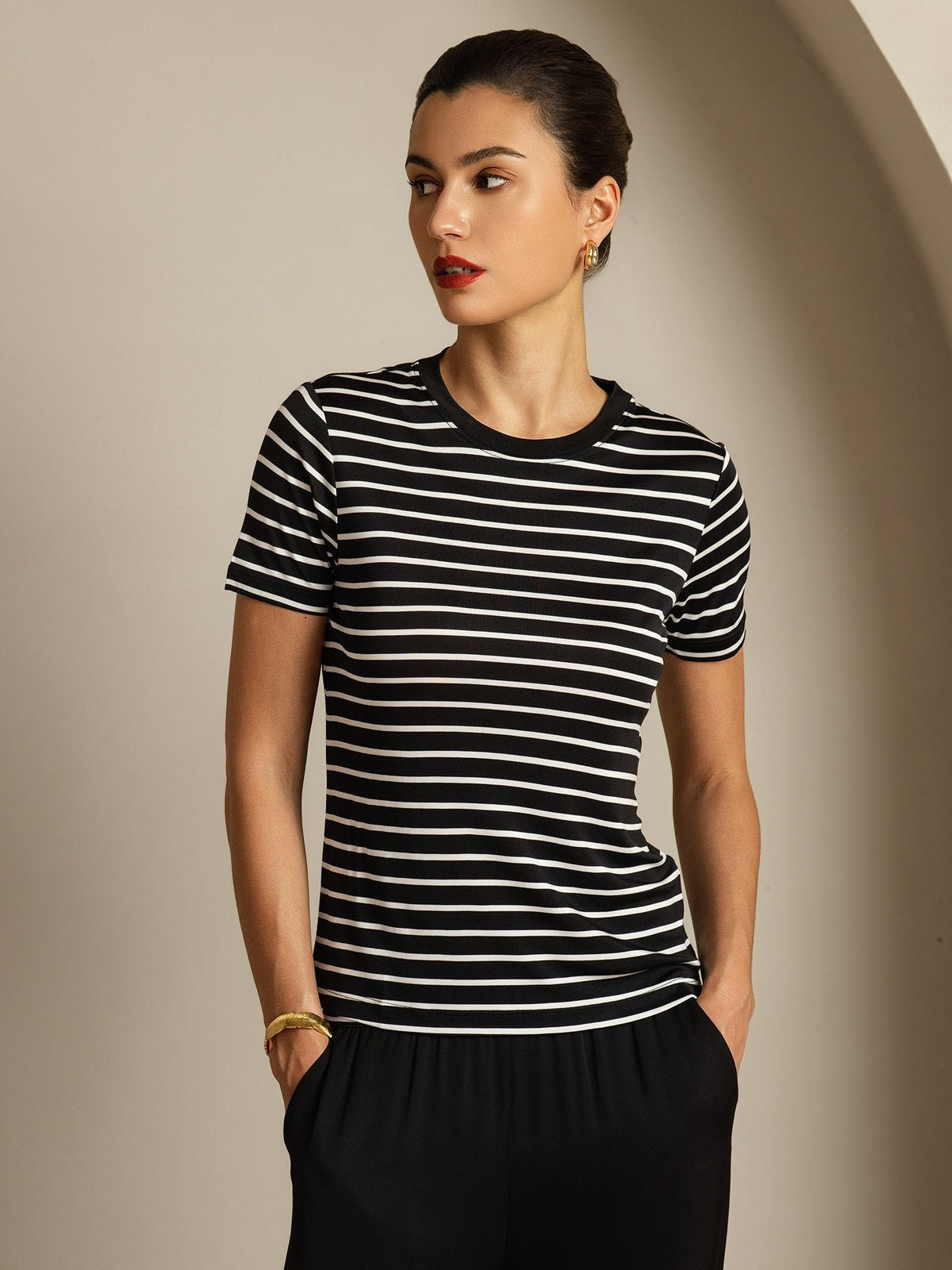 100% Mulberry Silk Crew Neck Short Sleeve Women's Sport Stripe Print T-Shirt