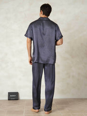 Clearance - Men's Pure Silk Navy Ginkgo Print Short Sleeve Pajamas Set with Pants