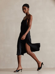 Elegant 100% Mulberry Silk Cross Backless Midi Dress with Side Slit