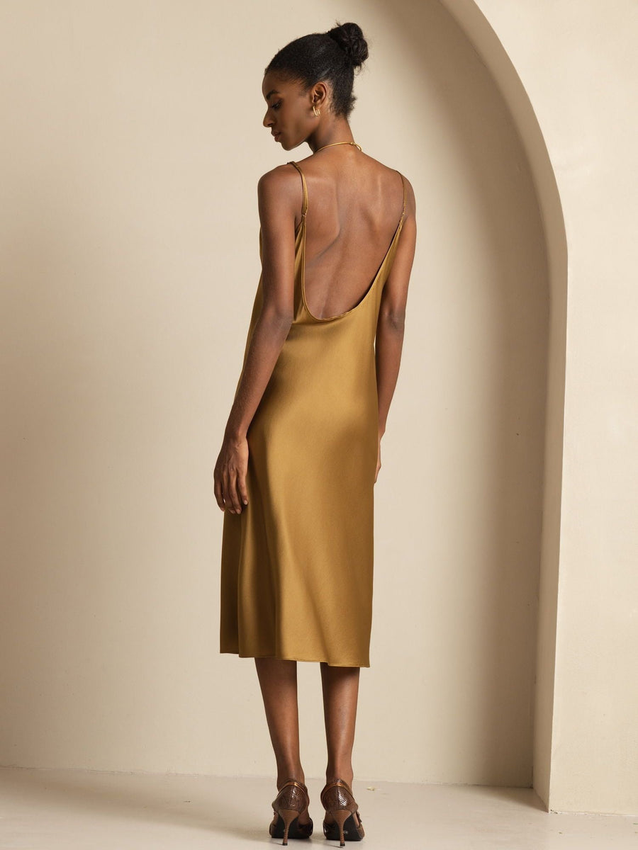 19Momme Silk Scoop Neck Backless Spaghetti Strap Midi Dress