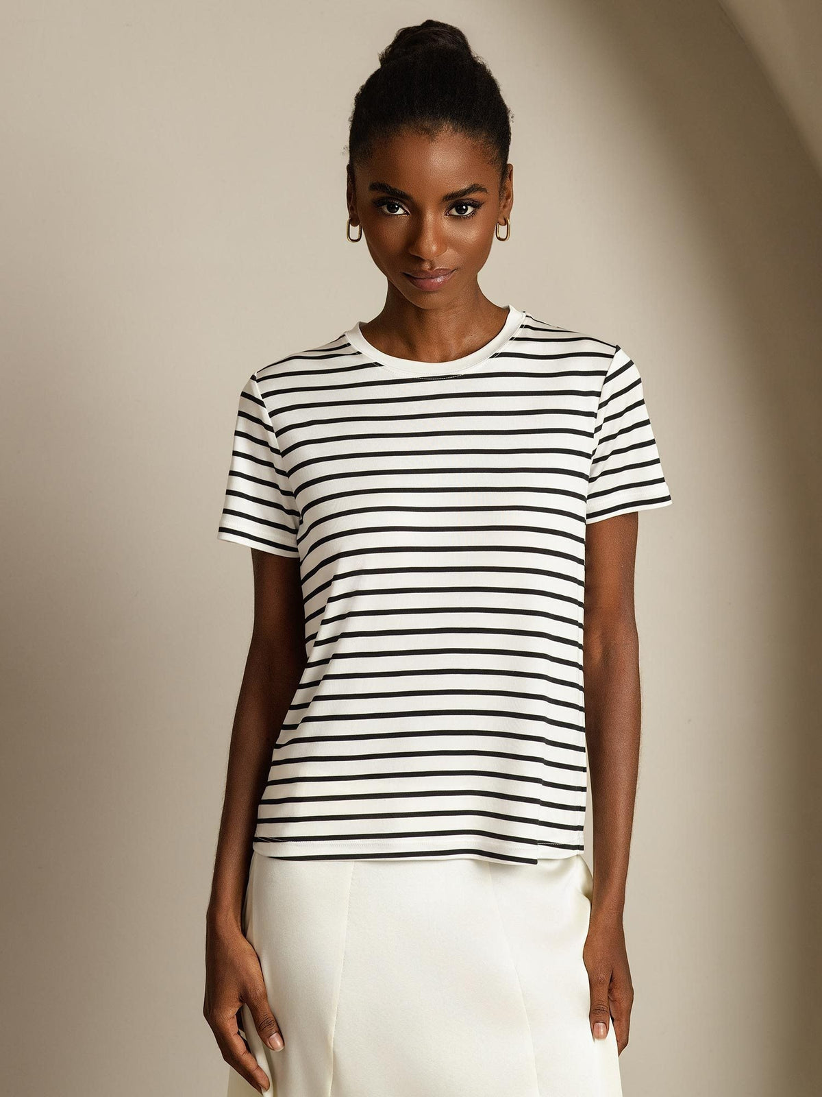 100% Mulberry Silk Crew Neck Short Sleeve Women's Sport Stripe Print T-Shirt