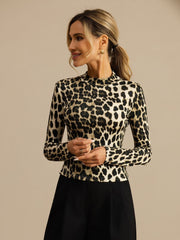100% Mulberry Silk Wild Animal Print Women's Long Sleeve Mock Neck Top