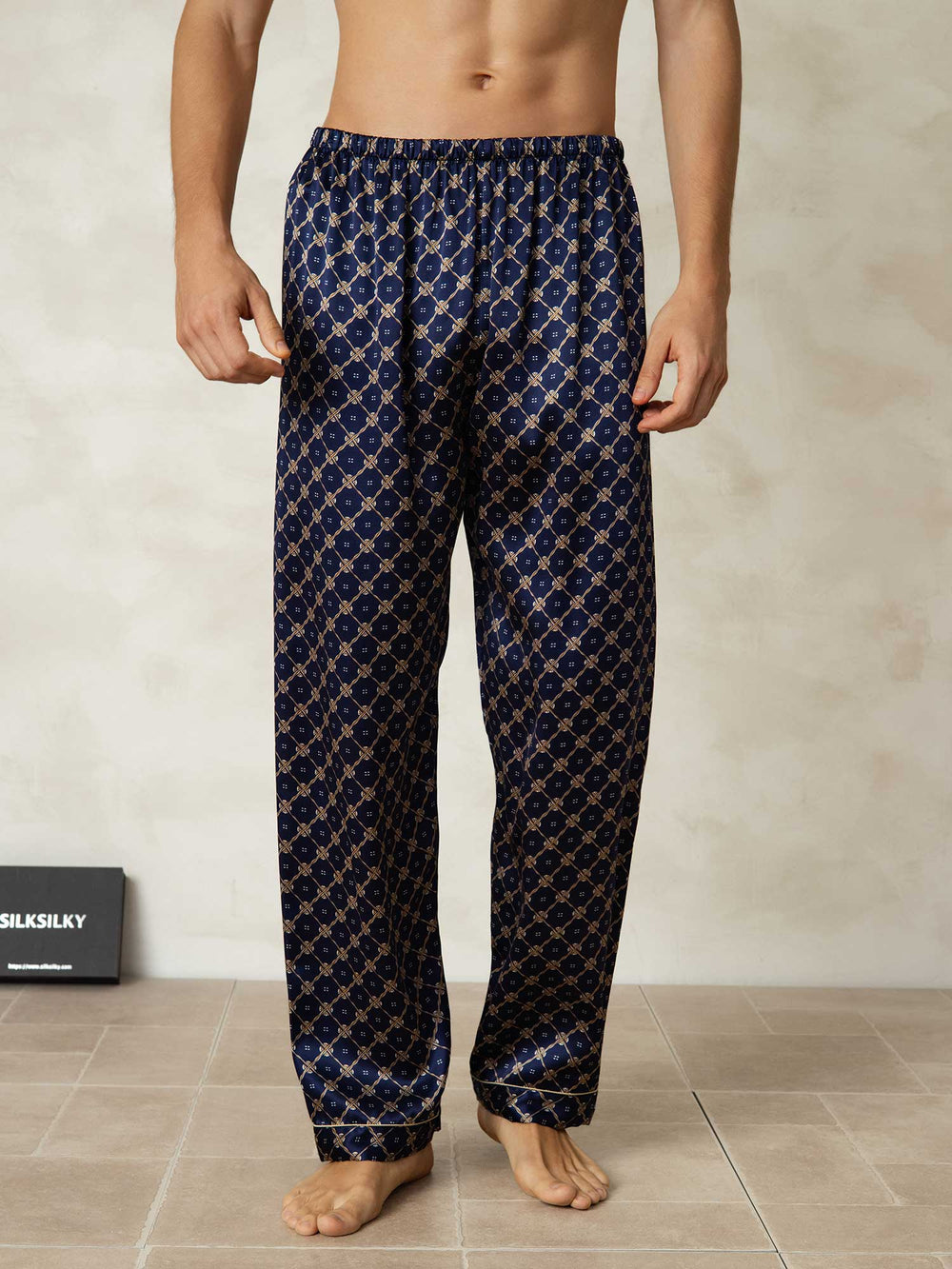 Men's 100% Mulberry Silk Chain Print Sleep Pants with Elastic Waist